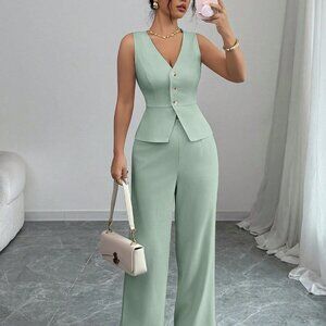 Solid Color Sleeveless Slim Fit Vest High Waist Trousers Two-piece Set
